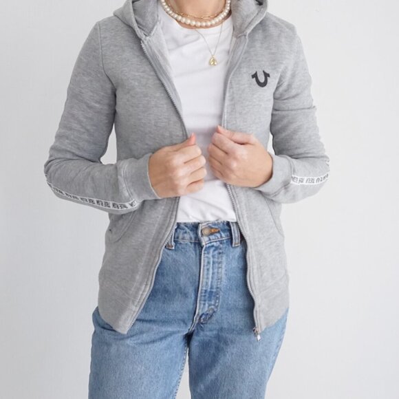Vintage Y2K True Religion Grey Zip Up Cotton Blend Hoodie Sweatshirt L - Picture 2 of 11